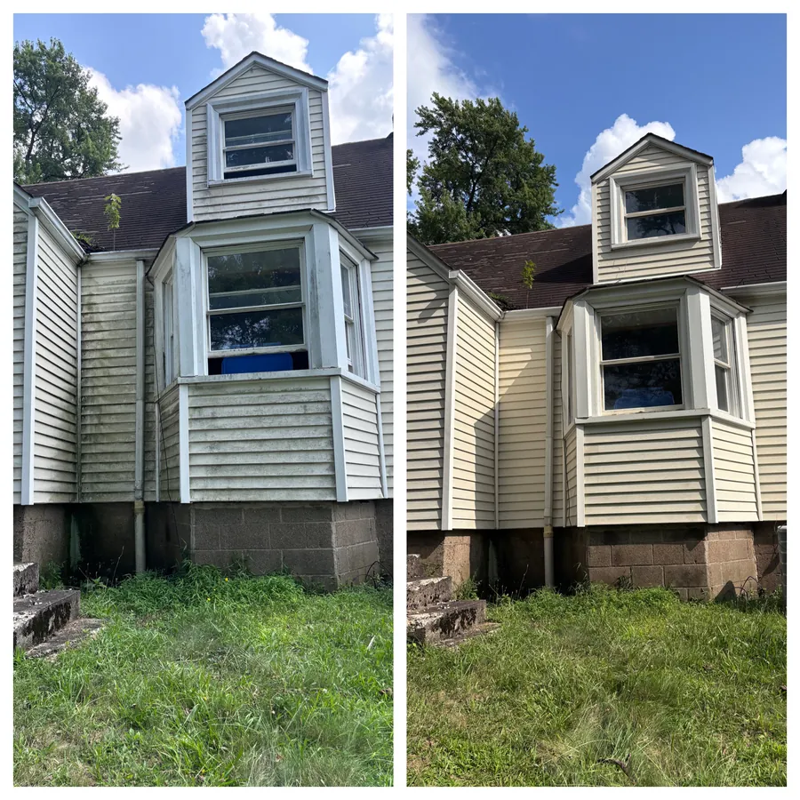 Bay window and dormer siding after wash