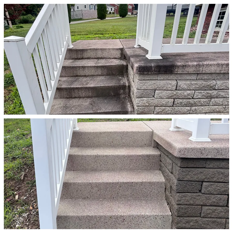 Concrete steps and stone retaining wall
